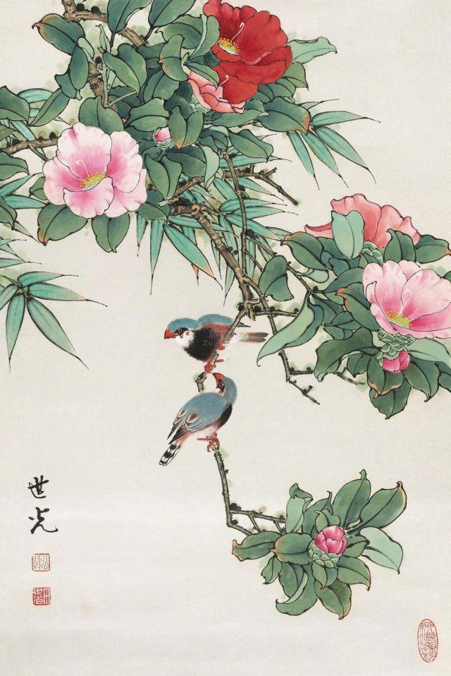 国画工笔花鸟画《桃花福寿》（镜心）作者田世光