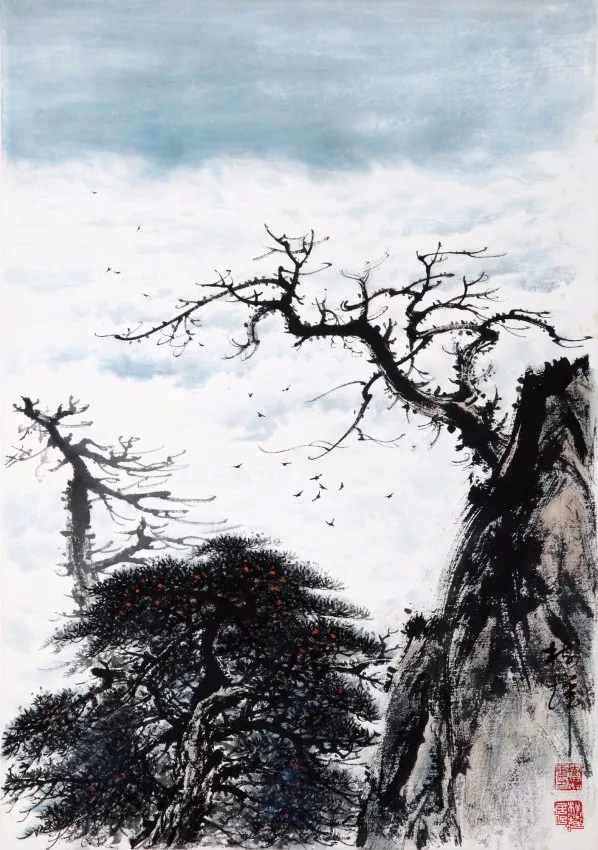 图为“岭南画派”著名画家罗树辉先生的国画松树作品