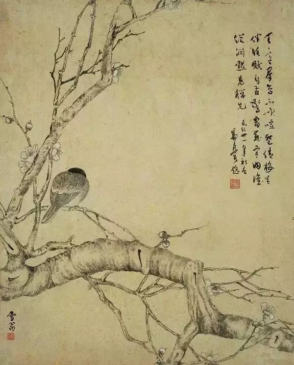 花鸟画《寒梅宿雀》