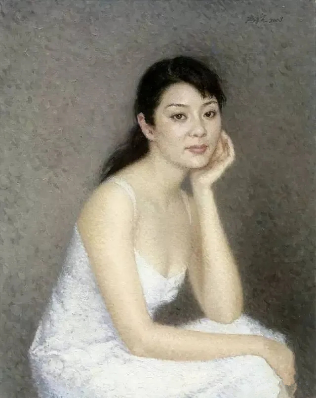 靳尚谊油画作品《白衣女孩》